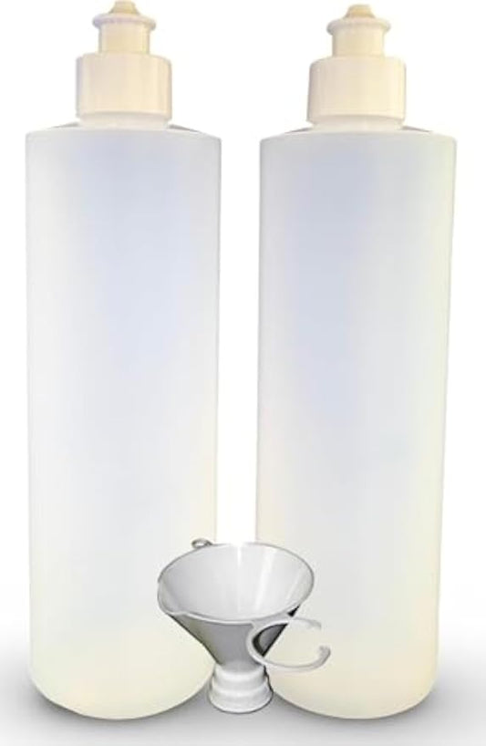 2 Pack Refillable 16 Ounce HDPE Squeeze Bottles With Push/Pull Button Top Dispenser Caps-Great For Lotions, Shampoos, Conditioners and Massage Oils-Includes our patented thread-on funnel