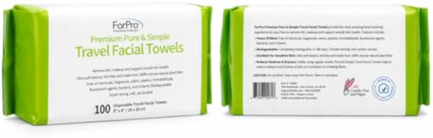 ForPro Travel Size Disposable Face Towels, 8"x8" Compact Dry Wipes Bulk Pack, Ultra Soft Lint-Free Viscose Makeup Remover Pads for Sensitive Skin, Biodegradable, Vegan, 600-Count