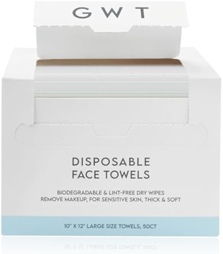 GWT XL Disposable Fragrance-Free Face Towels, 50 Count, 1 Pack | Lint-free, Makeup remover & cleanser, Biodegradable, Dry Wipes, Wet or Dry Use, Sensitive Skin