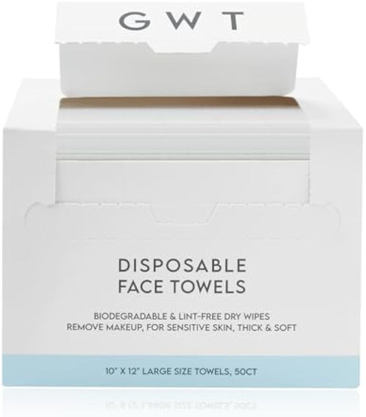 GWT XL Disposable Fragrance-Free Face Towels, 50 Count, 1 Pack | Lint-free, Makeup remover & cleanser, Biodegradable, Dry Wipes, Wet or Dry Use, Sensitive Skin