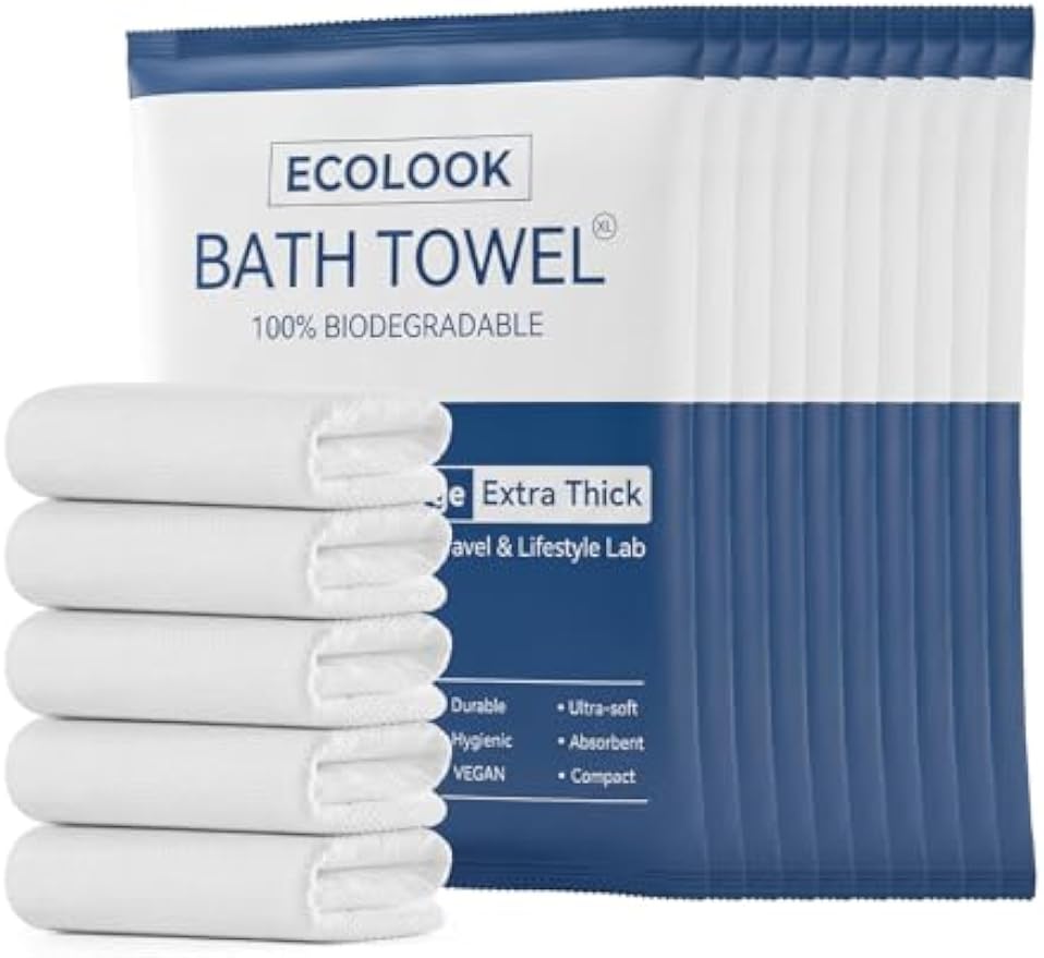 ecolook Disposable Bath Towels for Travel, 10-Pack Extra Large 31"x63" | 100GSM Plant Fiber, Dual Texture Soft & Quick-Drying Disposable Towels for Hotel Camping Beach Swimming Gym Sauna Spa