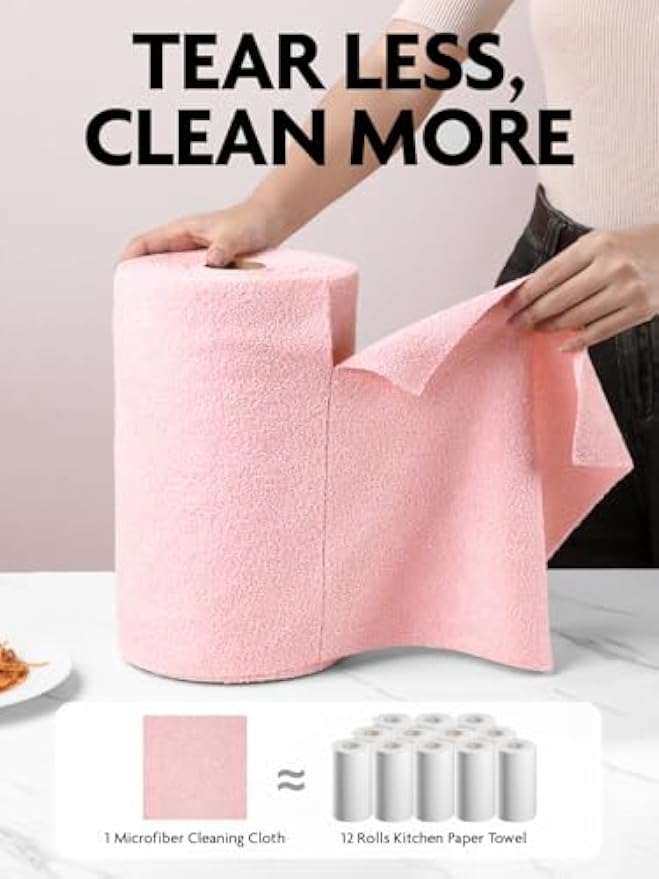 Fantasticlean Microfiber Cleaning Cloth Roll -75 Pack, 12" x 12" (Pink) | Super Absorbent, Lint-free, Tear-away Microfiber Towel Roll, for All-Purpose Cleaning, Reusable Alternative to Paper Towels