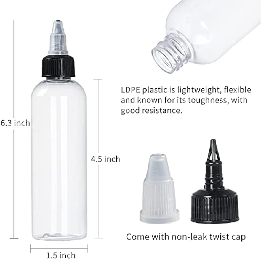 32 Pack 4oz Boston Dispensing Bottle Empty Round LDPE Plastic Squeeze Dropper Bottles Squeeze Bottle with Twist Top Cap for Liquids Oils Art Crafts Kitchen Household