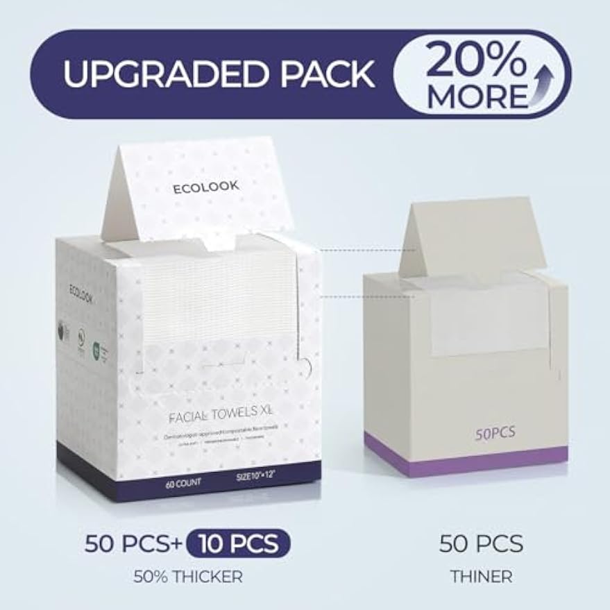 ECOLOOK Disposable Face Towel XL-10"x12" Upgraded Thick Facial Towels, Ultra Soft Clean Face Towels Disposable, 60 Count & 90 GSM, Ideal for Sensitive Skin-2 PACK