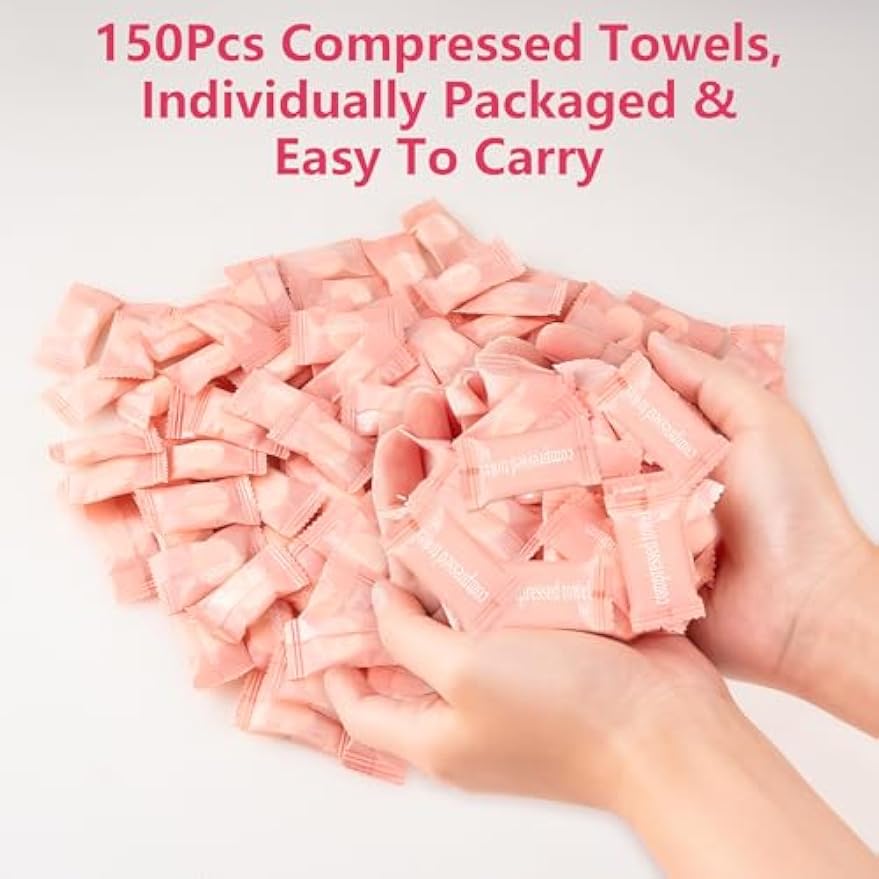 150Pcs Compressed Towel Tablets, Portable Mini Compressed Towels, Disposable Face Towel Washcloths for Travel, Beauty, Home Hand Wipes, Camping, Hiking, Outdoor Activities,Individually Wrapped MEQHUO