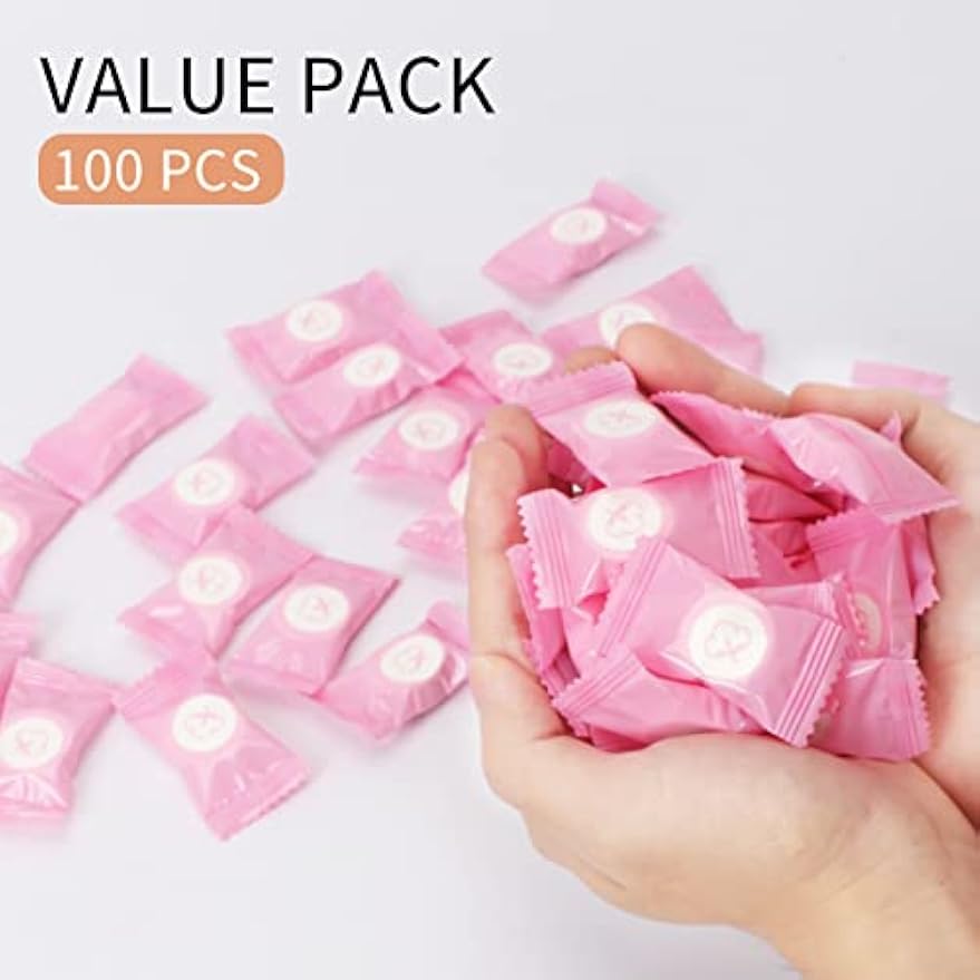 Classycoo Compressed Towels Tablets - Face Towels Disposable, Mini 100 Pack | Soft Individually Wrapped, Cotton, Expands in Seconds, Candy-Shaped, NO-Odor, Facial Washcloths Cleaning/Travel/Camping, Pink