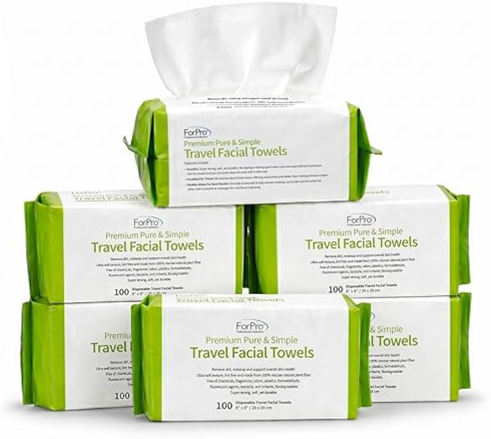 ForPro Travel Size Disposable Face Towels, 8"x8" Compact Dry Wipes Bulk Pack, Ultra Soft Lint-Free Viscose Makeup Remover Pads for Sensitive Skin, Biodegradable, Vegan, 600-Count