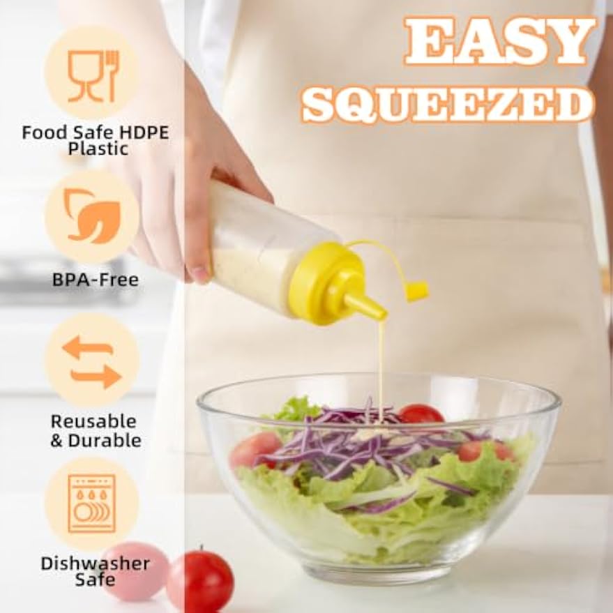 6 Pack Condiment Squeeze Bottles, 16 oz Wide Mouth Squeeze Bottles Set with 3-Color Top Cap Leak Proof, BPA Free Refillable Plastic Squirt Bottles for Sauces, Dressing, Oils, BBQ & Crafts