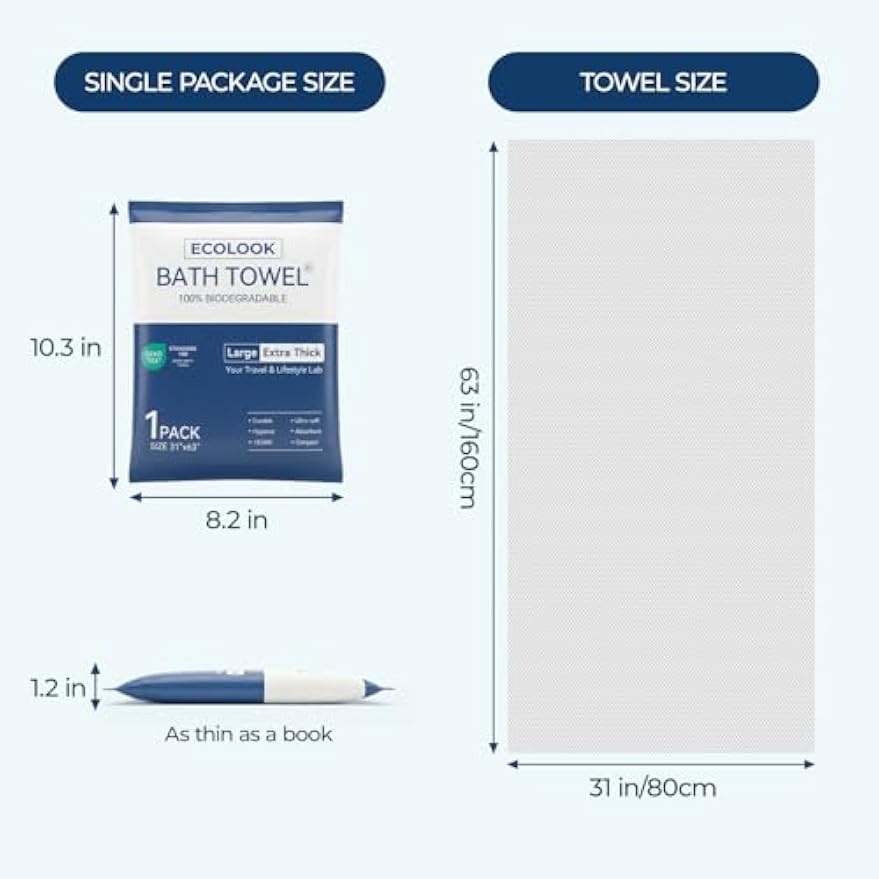 ecolook Disposable Bath Towels for Travel, 10-Pack Extra Large 31"x63" | 100GSM Plant Fiber, Dual Texture Soft & Quick-Drying Disposable Towels for Hotel Camping Beach Swimming Gym Sauna Spa