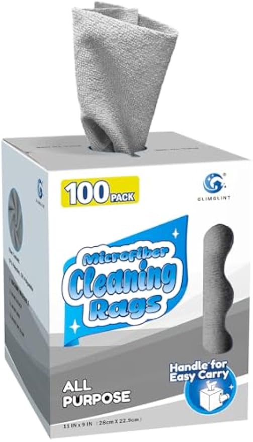 GLIMGLINT Microfiber Cleaning Cloth 100 Pack, Reusable Paper Towels 11 x 9 | Lint Free & Ultra Absorbent Cleaning Rags for Car, Home, Kitchen, Glass & Screen, Washable Shop Towel Rag with Box Grey