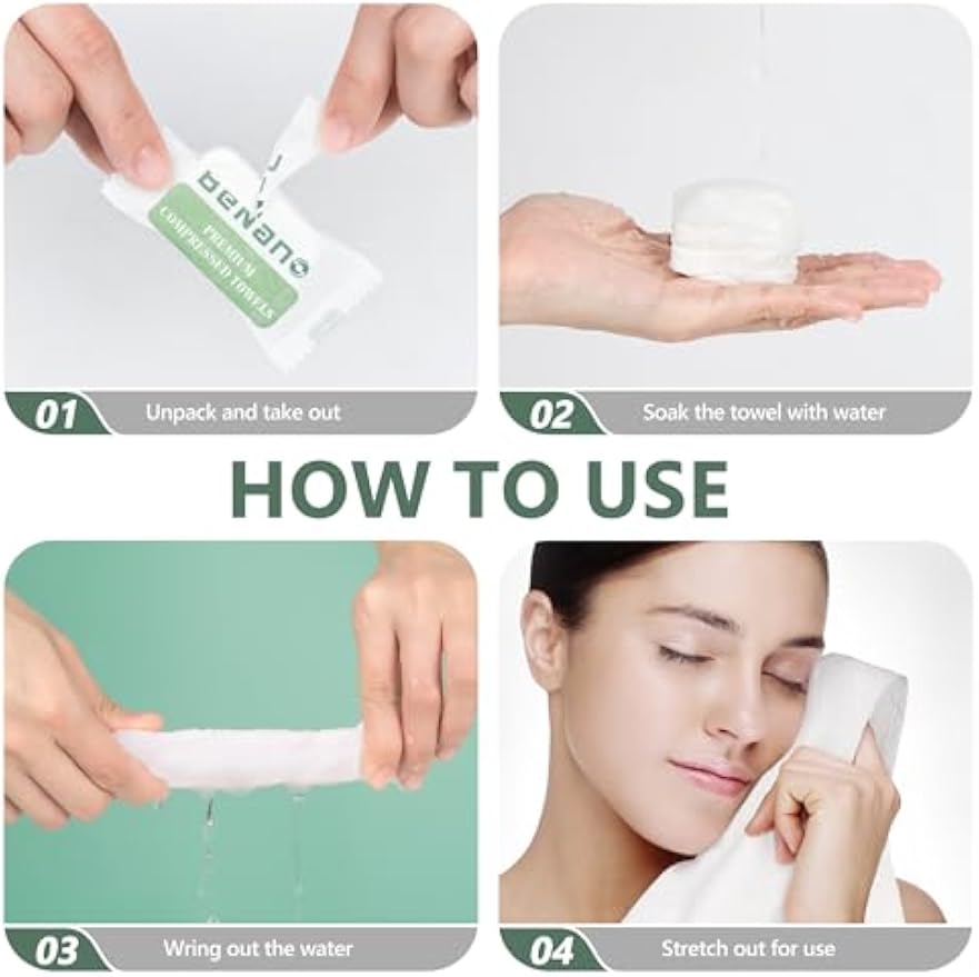 Benano 11.8x9.4 in Compressed Face Towels | Disposable Washcloths, 22 Pcs | Sensitive skin friendly, 100% USDA Biobased thick towelettes. Quick-dry portable wipes for daily face washing, travel.