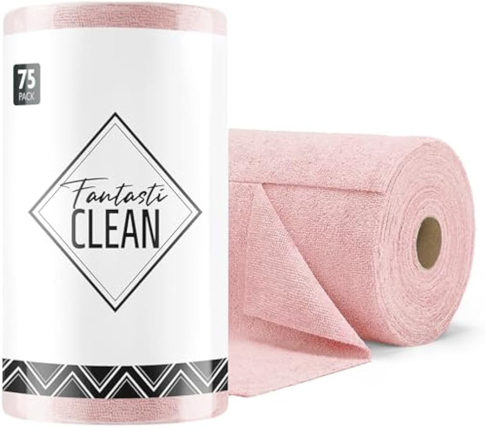 Fantasticlean Microfiber Cleaning Cloth Roll -75 Pack, 12" x 12" (Pink) | Super Absorbent, Lint-free, Tear-away Microfiber Towel Roll, for All-Purpose Cleaning, Reusable Alternative to Paper Towels