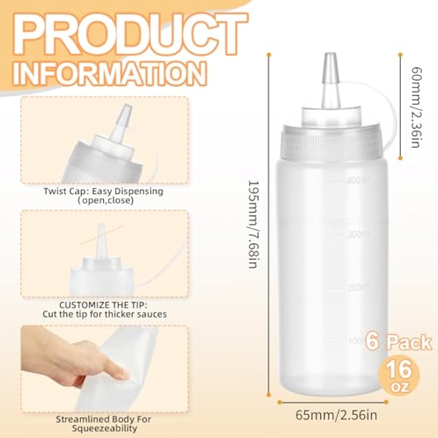 6 Pack Condiment Squeeze Bottles, 16 oz Wide Mouth Squeeze Bottles Set with 3-Color Top Cap Leak Proof, BPA Free Refillable Plastic Squirt Bottles for Sauces, Dressing, Oils, BBQ & Crafts