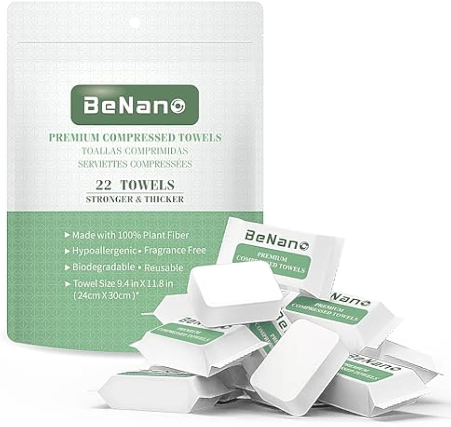 Benano 11.8x9.4 in Compressed Face Towels | Disposable Washcloths, 22 Pcs | Sensitive skin friendly, 100% USDA Biobased thick towelettes. Quick-dry portable wipes for daily face washing, travel.