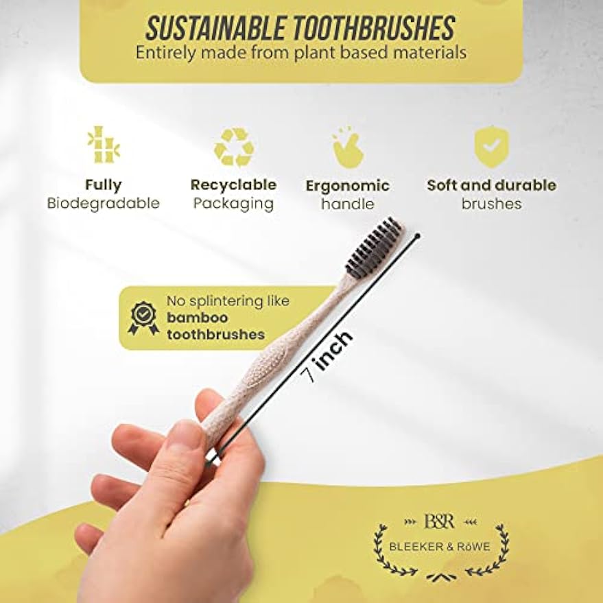 Bleeker and Rowe Biodegradable Eco-Friendly Toothbrushes - Individually Sealed - BPA Free Soft Bristles - Sustainable - Recycled Packaging (Pack of 10)