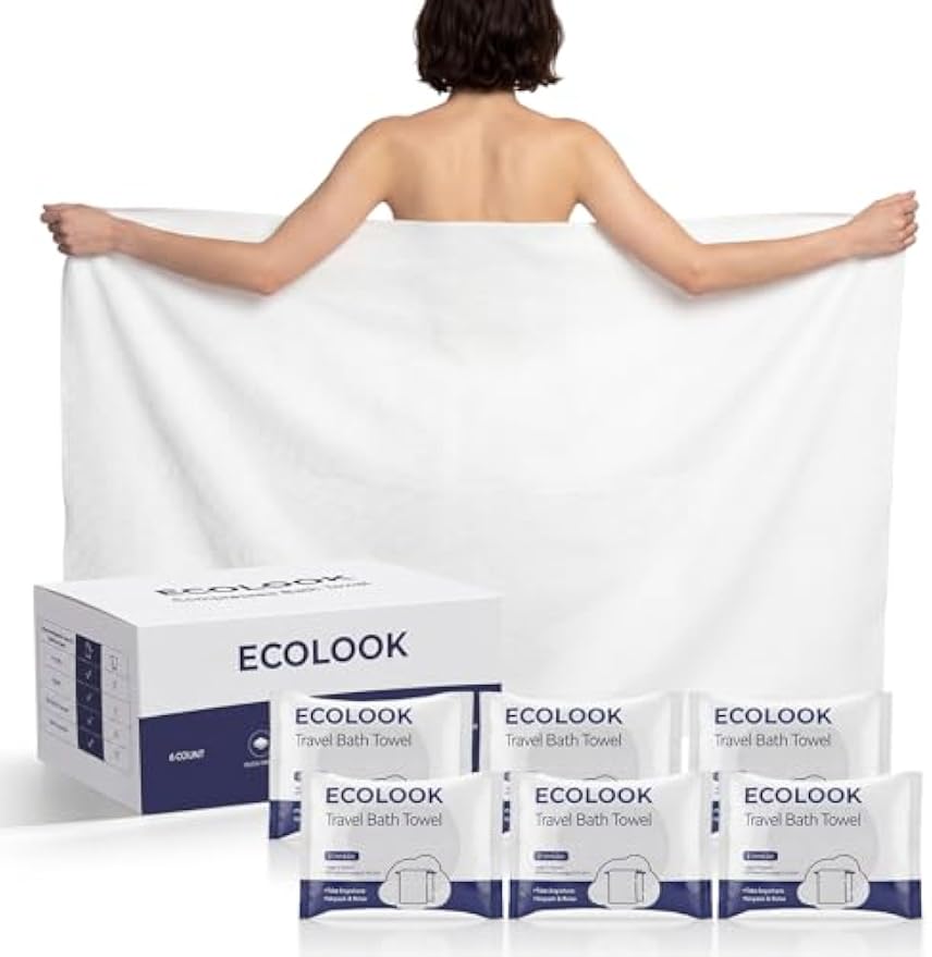 ecolook Compressed Disposable Bath Towels, 31 x 63 Inch 90GSM Ultra Thick Soft Travel Towel, Reusable Plant Fiber Towels for Camping Beach Swimming Hotel & Daily Use - 6 Pack