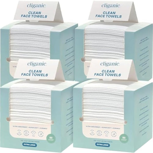 Cliganic Clean Face Towels XL, Bulk Size (200 Count), Disposable, Ultra-Absorbent, Hypoallergenic & Soft - Makeup Remover Dry Wipes, Pamper Your Face, Hygienic Towelettes, for All Skin Types