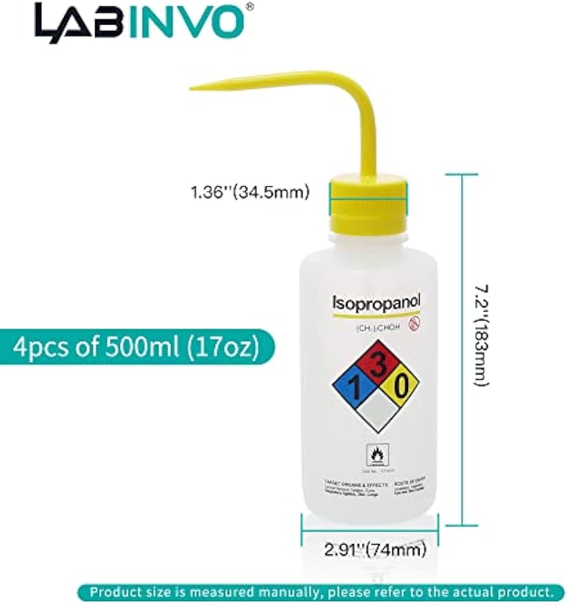 4pcs of Isopropanol Wash Bottles, Vol.500ml (17oz), Narrow Mouth, Self-Venting Safety Wash Bottles, LDPE Material, IN-WBI500