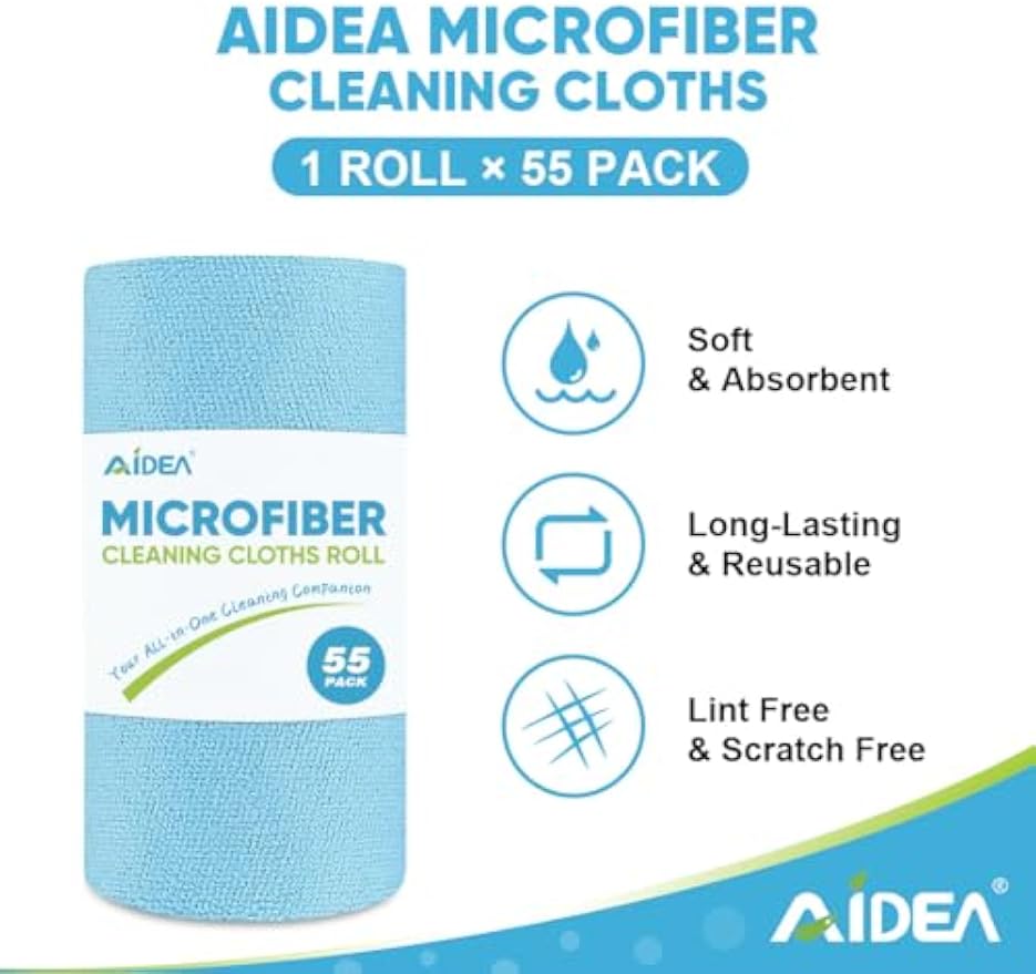 AIDEA Microfiber Cleaning Cloth Roll, Blue Shop Towels 55 Sheets 11×9" | Reusable Paper Towels, Microfiber Towels for Cars, Microfiber Rags for Automotive,Workshop, House, Kitchen, Cleaning Supplies