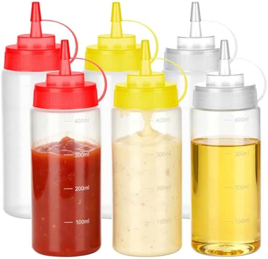6 Pack Condiment Squeeze Bottles, 16 oz Wide Mouth Squeeze Bottles Set with 3-Color Top Cap Leak Proof, BPA Free Refillable Plastic Squirt Bottles for Sauces, Dressing, Oils, BBQ & Crafts