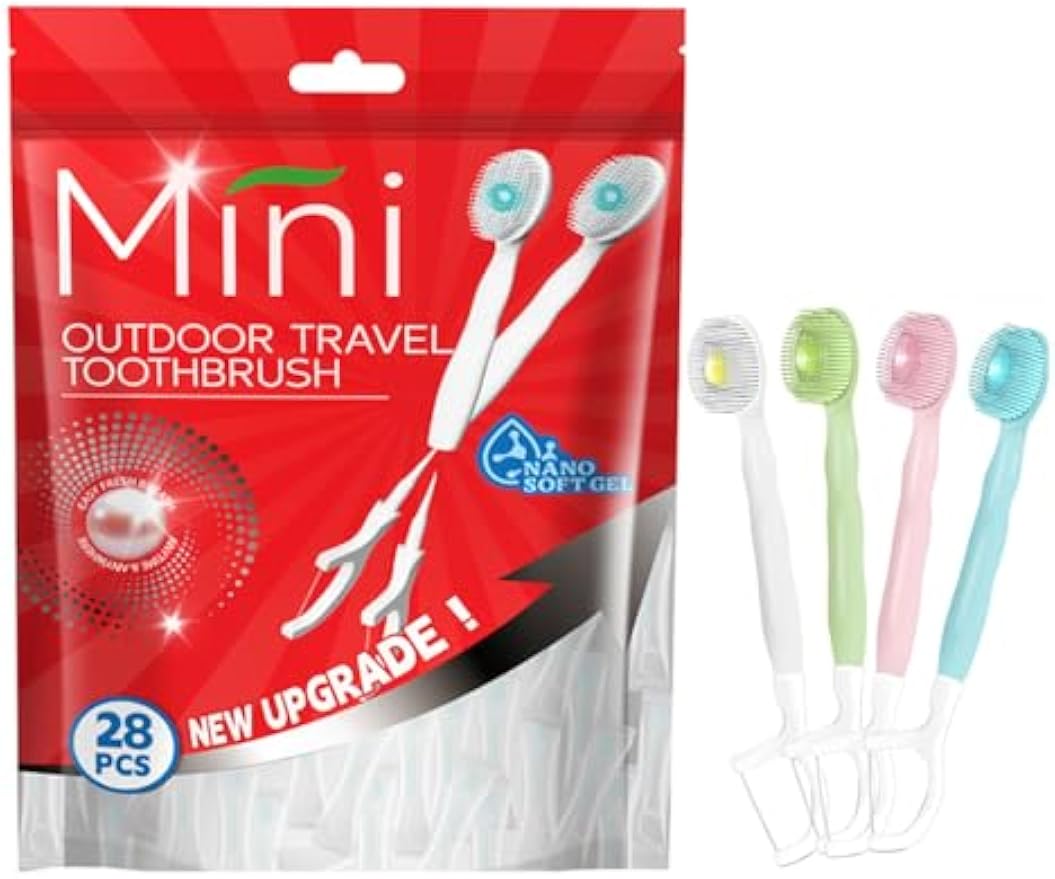 28 Packs Mini Brushes Disposable Toothbrushes, Mix Flover | with Toothpaste, Floss, Pick, Tongue Scraper, Travel Size Business Trip Individually Wrapped