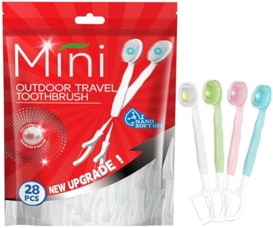 28 Packs Mini Brushes Disposable Toothbrushes, Mix Flover | with Toothpaste, Floss, Pick, Tongue Scraper, Travel Size Business Trip Individually Wrapped