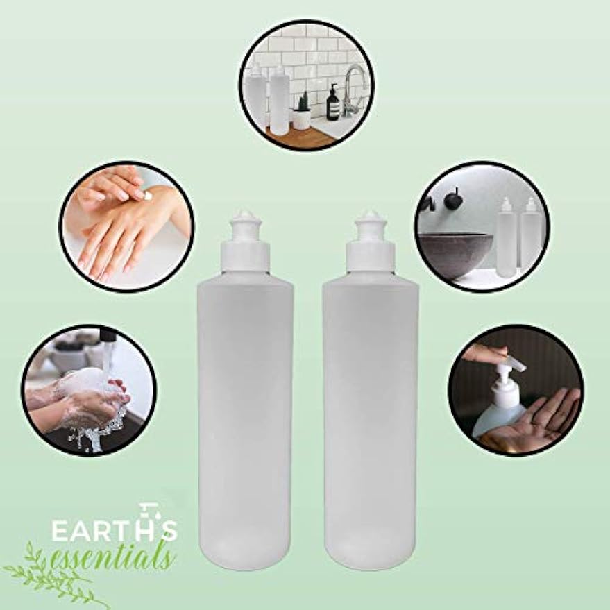 2 Pack Refillable 16 Ounce HDPE Squeeze Bottles With Push/Pull Button Top Dispenser Caps-Great For Lotions, Shampoos, Conditioners and Massage Oils-Includes our patented thread-on funnel