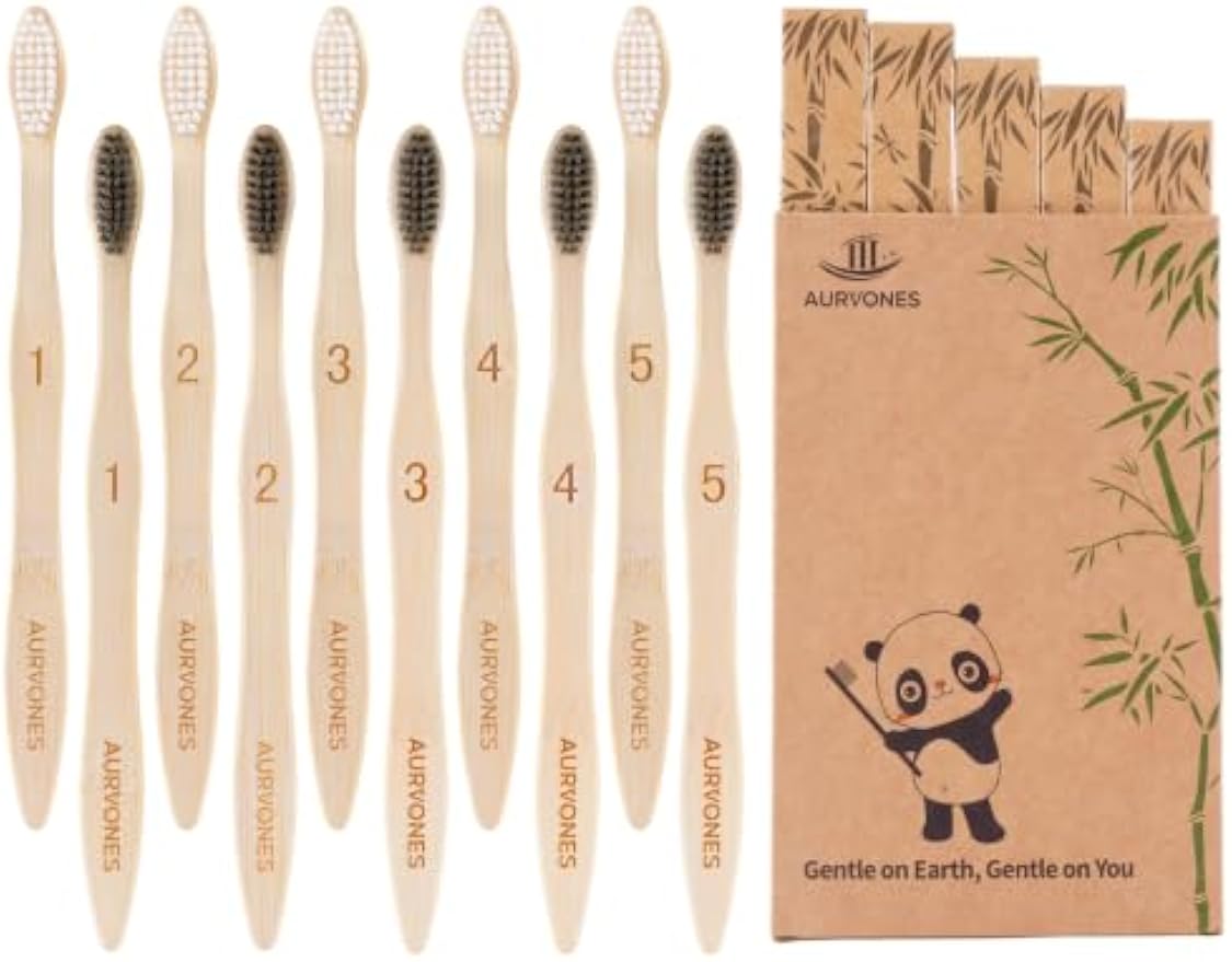 Bamboo Toothbrushes Soft Bristles, 10 Pack Natural Toothbrush | Eco Friendly Plastic Free Toothbrush Castor Oil Bristles, BPA Free Wooden Toothbrush for Family & Travel