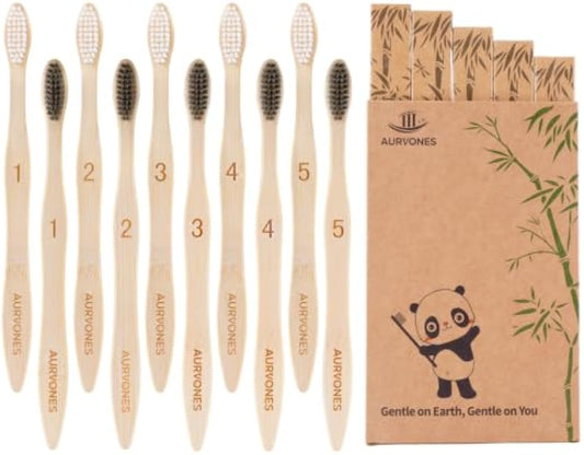 Bamboo Toothbrushes Soft Bristles, 10 Pack Natural Toothbrush | Eco Friendly Plastic Free Toothbrush Castor Oil Bristles, BPA Free Wooden Toothbrush for Family & Travel