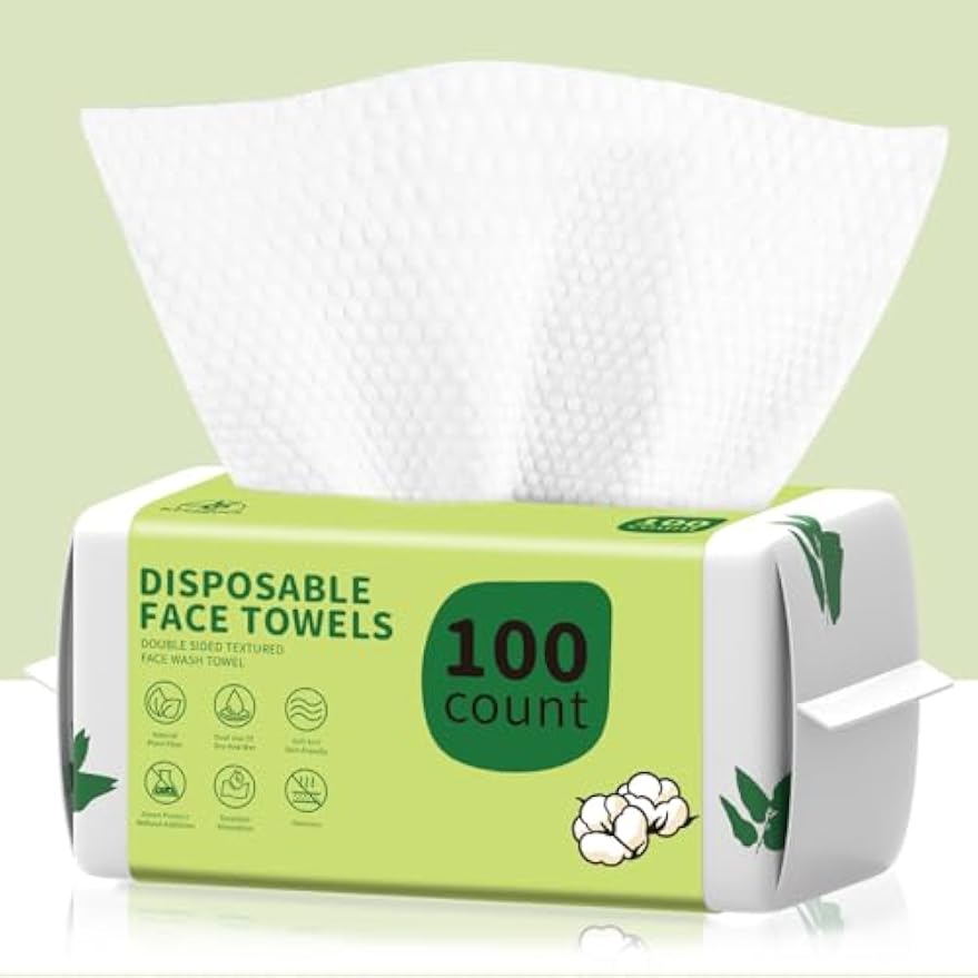 Disposable Face Towels 100 Count, Biodegradable Ultra Soft & Thick Facial Towels for Sensitive Skin, Lint-Free Makeup Remover Dry Wipes, Multi-Purpose Cleansing Towelettes for Face Wipes, Skincare