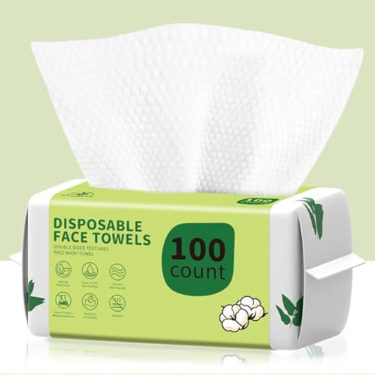 Disposable Face Towels 100 Count, Biodegradable Ultra Soft & Thick Facial Towels for Sensitive Skin, Lint-Free Makeup Remover Dry Wipes, Multi-Purpose Cleansing Towelettes for Face Wipes, Skincare