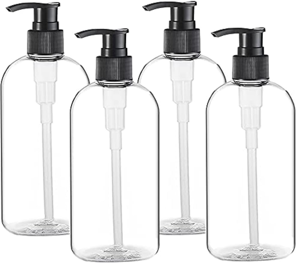 Empty Plastic Pump Bottles Dispenser 4 Pack 16oz/500ml Portable Clear BPA-Free Cylinder Shampoo Lotion Hand Pump Bottle Durable Refillable Containers