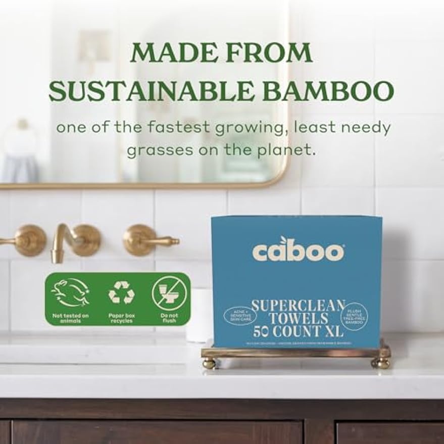Caboo Tree Free Disposable Face Towels – 50 Soft, Lint-Free Towels | Extra-Large 10x11.5” | Gentle Alternative to Makeup Wipes & Washcloths