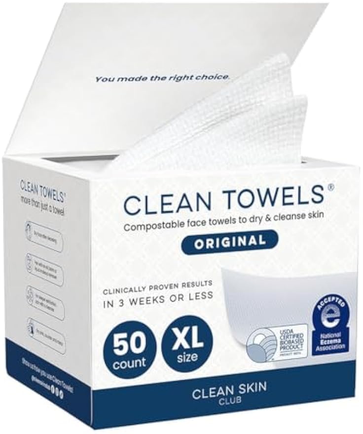 Clean Skin Club Clean Towels XL®, 100% USDA Biobased Face Towel, Disposable Face Towelette, Eczema Association Accepted, Makeup Remover Dry Wipes, Ultra Soft, 1 Pack, 50 Ct