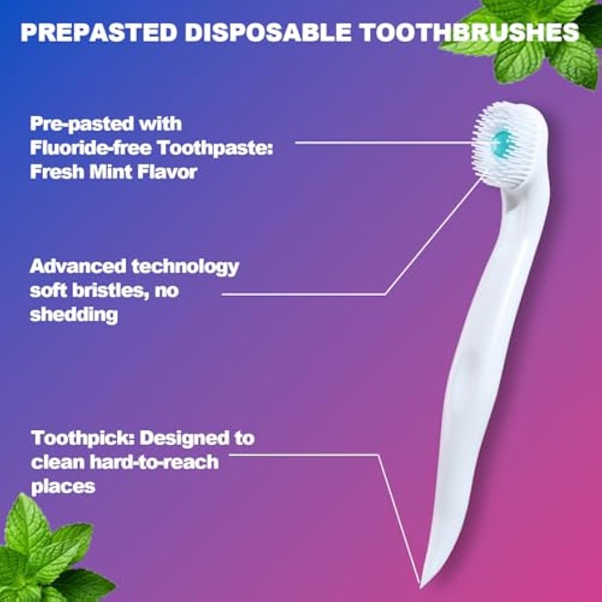 Mini Disposable Toothbrush, Pre-Pasted Toothbrushes with Toothpaste and Toothpick for Travel - Fluoride Free, No Rinsing Needed, Mint Flavor, Fresh Breath Anywhere Anytime - 28 Ct