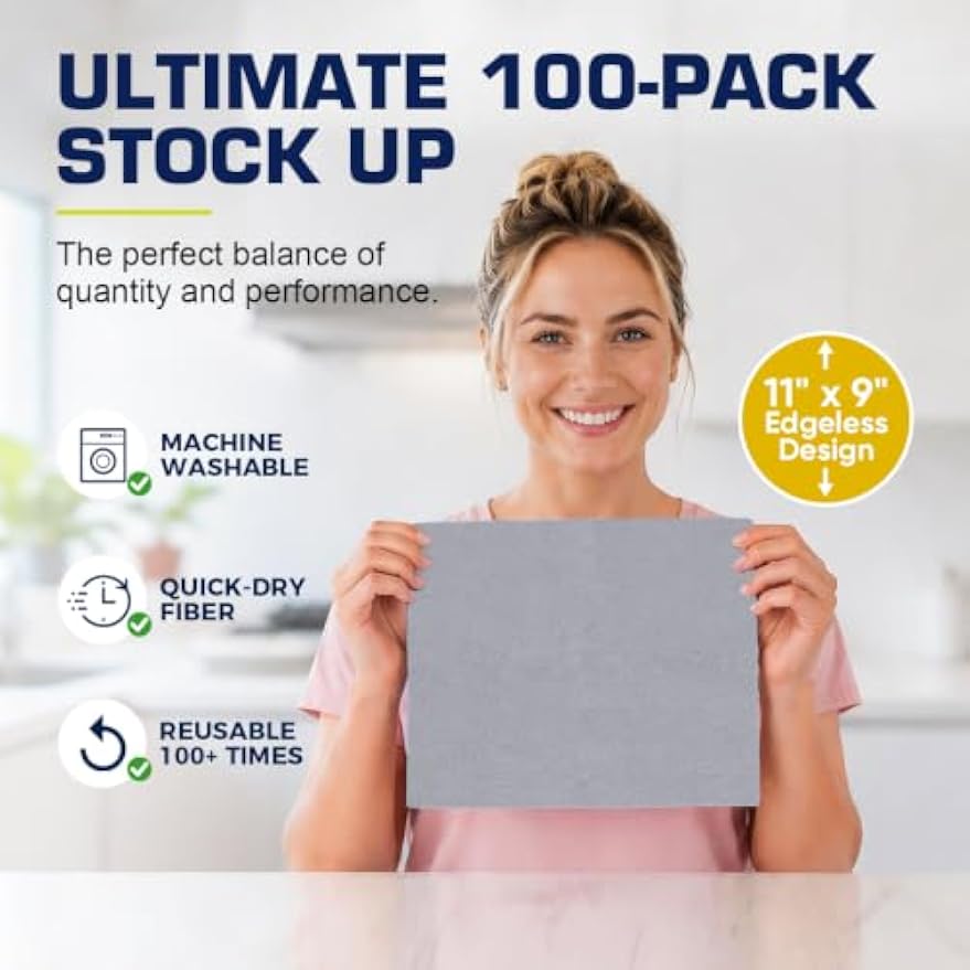 GLIMGLINT Microfiber Cleaning Cloth 100 Pack, Reusable Paper Towels 11 x 9 | Lint Free & Ultra Absorbent Cleaning Rags for Car, Home, Kitchen, Glass & Screen, Washable Shop Towel Rag with Box Grey