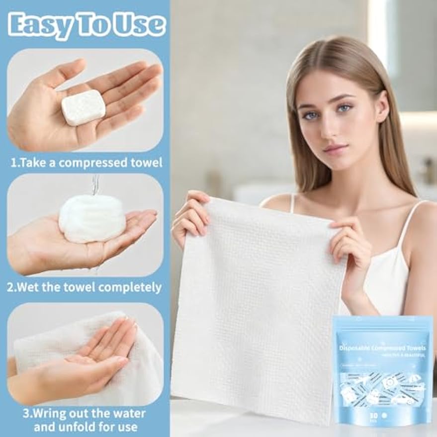 Compressed Towels, Large Size Disposable Face Compressed Towel, 30 PCS Ultra Soft Portable Washcloths Tablets Reusable for Travel, Camping, Hiking, Sport, Beauty, Home Hand Cloths, Outdoor