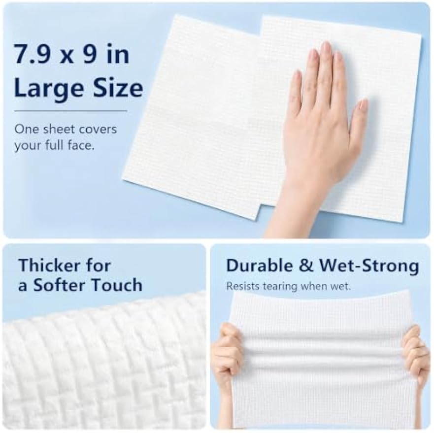 300 Count Disposable Face Towels, Large Size Facial Towels, Weave Texture | Ultra Soft Face Cloths Disposable, Thick Skincare Towels, Biodegradable Dry Wipes for Face Cleansing, Makeup Removal