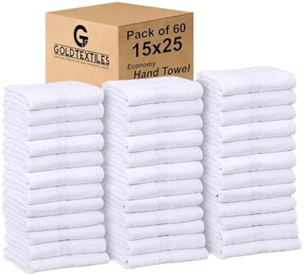 GOLD TEXTILES Bulk Pack 60 Pcs (5 Dozen) White Economy 15x25 Inches Basic Hand Towel - 2.25 lb/dz
