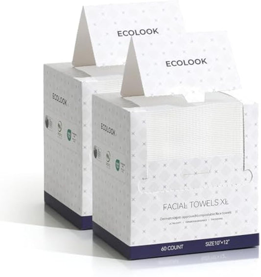 ECOLOOK Disposable Face Towel XL-10"x12" Upgraded Thick Facial Towels, Ultra Soft Clean Face Towels Disposable, 60 Count & 90 GSM, Ideal for Sensitive Skin-2 PACK