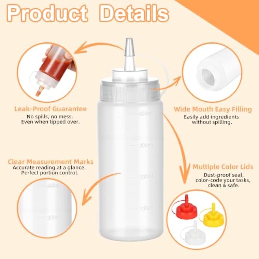 6 Pack Condiment Squeeze Bottles, 16 oz Wide Mouth Squeeze Bottles Set with 3-Color Top Cap Leak Proof, BPA Free Refillable Plastic Squirt Bottles for Sauces, Dressing, Oils, BBQ & Crafts