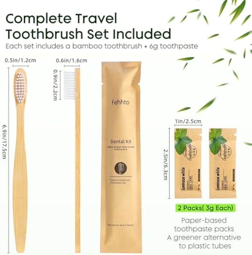 100 Pack Bamboo Toothbrushes with Toothpaste 6g Individually Wrapped | Disposable Travel Toothbrushes Kit, Guest Dental Kit for Hotel Amenities, Airbnb Hosts, Travel & Camping