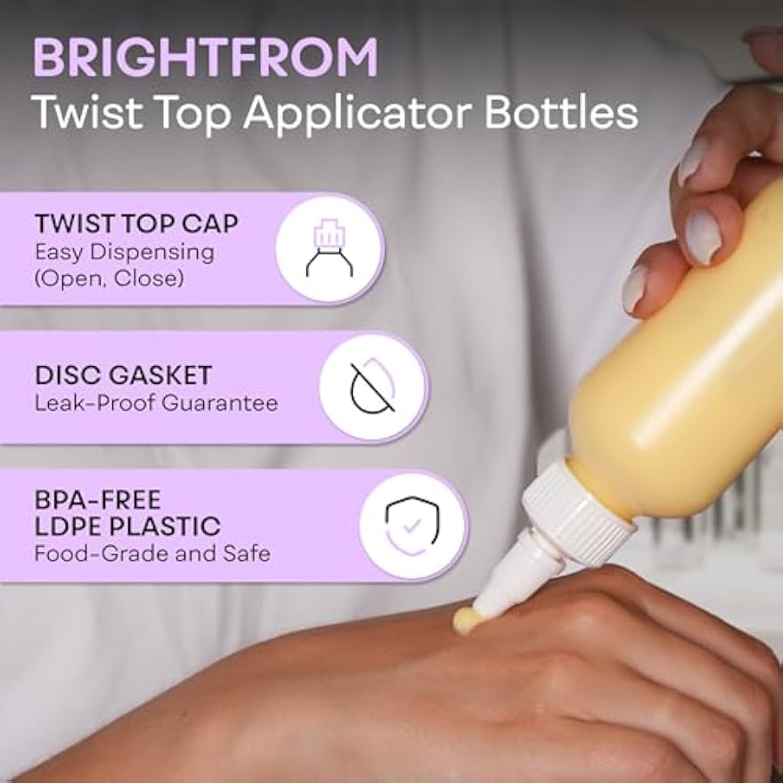 BRIGHTFROM Twist Top Applicator Bottles, Squeeze 4 OZ Empty Plastic Bottles, Refillable, Open/Close Nozzle - Multi Purpose (Pack of 2)