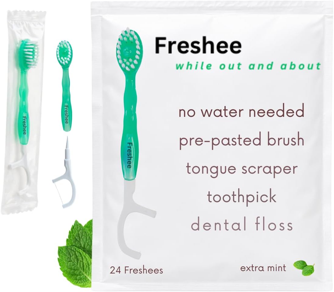 Freshee Disposable Toothbrushes with Toothpaste – 5 in 1 Mini Toothbrush with Floss, Pick, Tongue Scraper | No Water Needed | Individually Wrapped | Prepasted Travel Toothbrush | Extra Mint | Bead