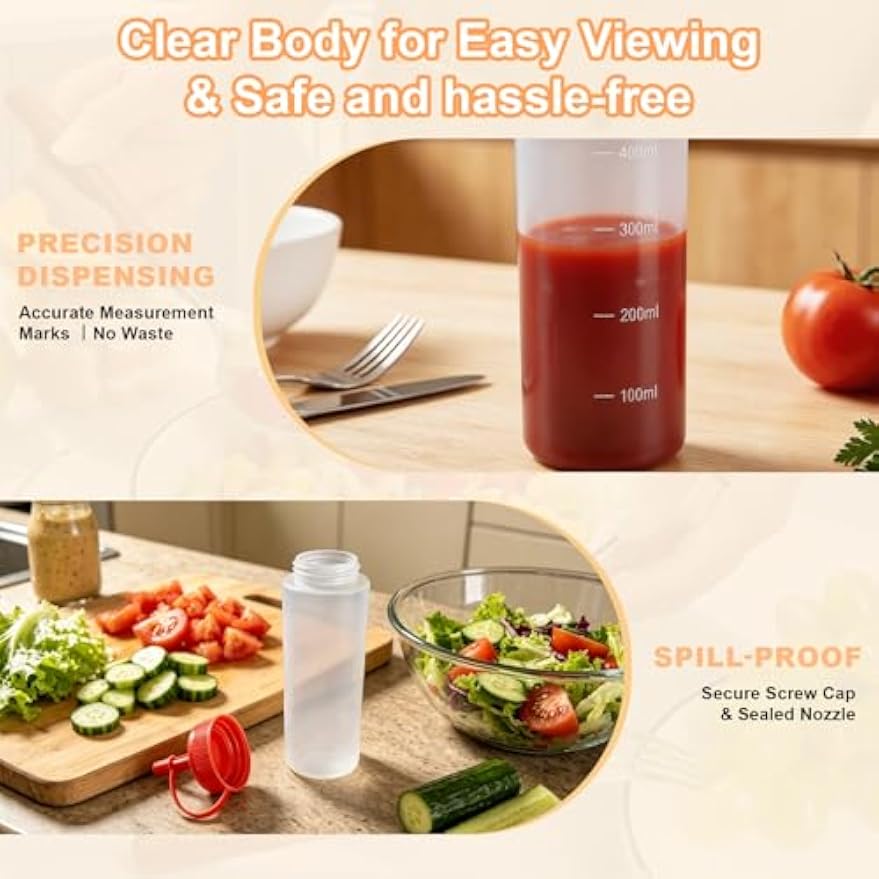 6 Pack Condiment Squeeze Bottles, 16 oz Wide Mouth Squeeze Bottles Set with 3-Color Top Cap Leak Proof, BPA Free Refillable Plastic Squirt Bottles for Sauces, Dressing, Oils, BBQ & Crafts