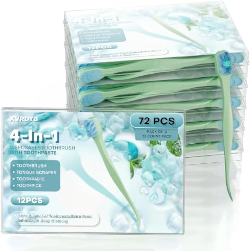 Disposable Toothbrush with Pre-pasted Toothpaste | Travel Size Toiletries | On-The-Go Mini Soft Toothbrush for Meetings, Flights & Camping Essentials | Rich Foam, Mint Flavor (72 Count - 6 Packs of 12)