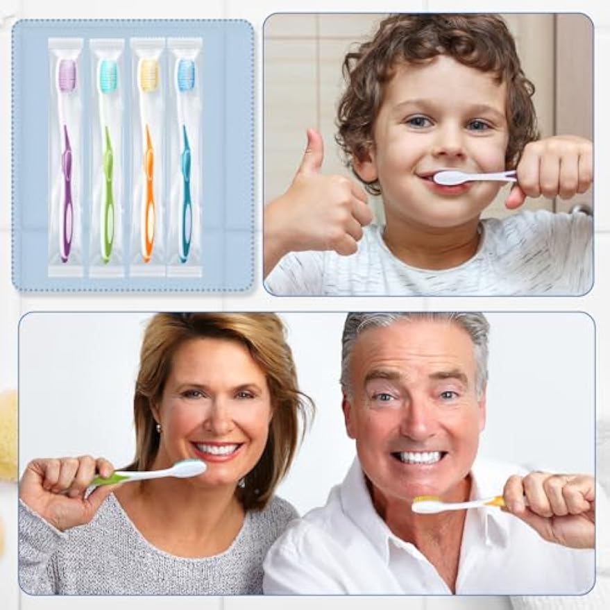 Maxcheck 200 Pack Disposable Toothbrushes Bulk,Blue, Orange, Green, Purple | Prepasted Toothpaste Built in, Individually Wrapped, For Travel Hotel Guests Donation Shelters Camping Homeless Gift
