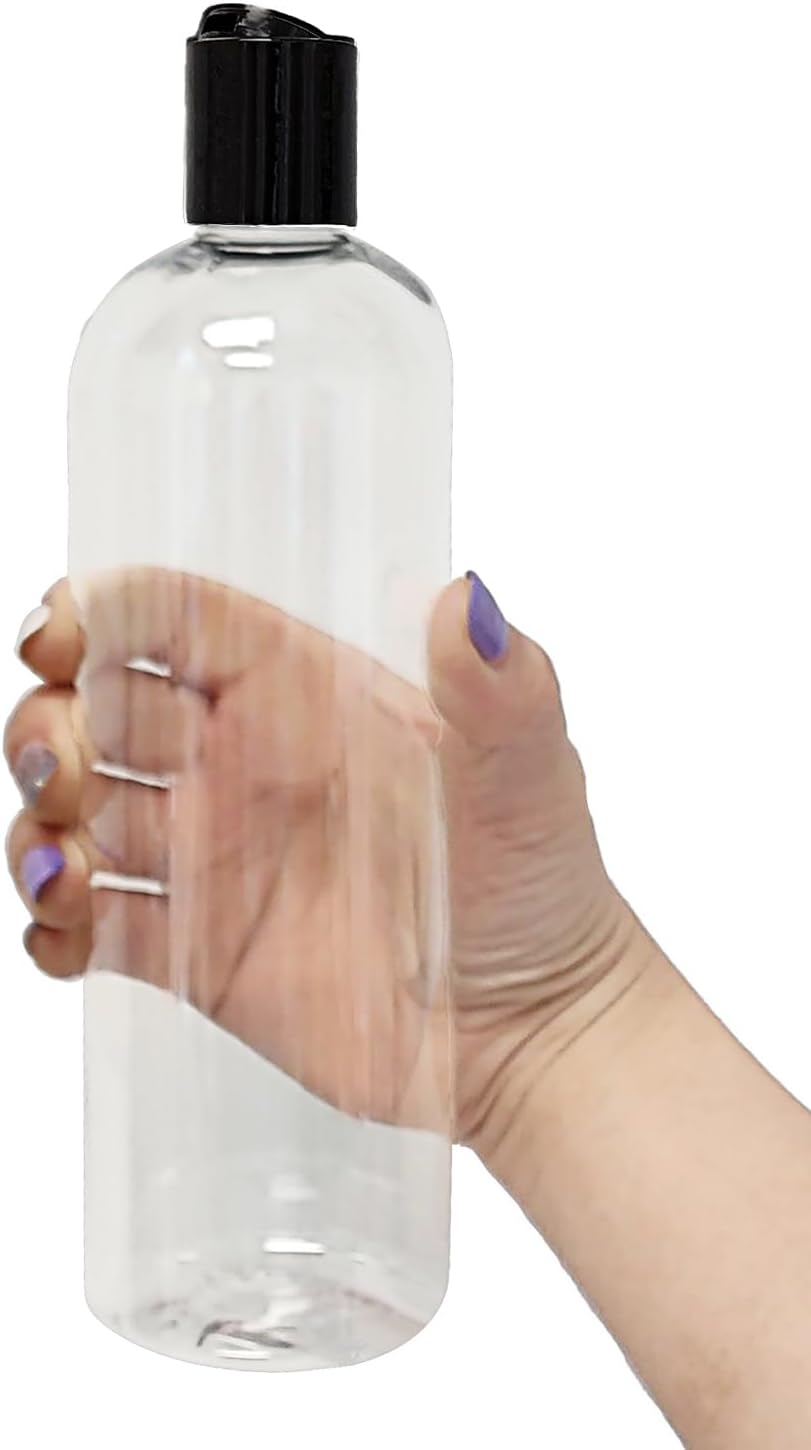 ljdeals 16 oz Clear Plastic Empty Bottles with Black Disc Top Caps, Squeezable Refillable Containers for Shampoo, Lotions, Cream and more Pack of 2, BPA Free, Made in USA