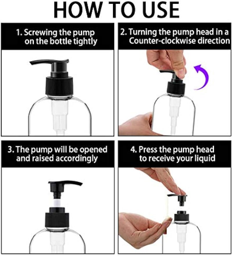 Empty Plastic Pump Bottles Dispenser 4 Pack 16oz/500ml Portable Clear BPA-Free Cylinder Shampoo Lotion Hand Pump Bottle Durable Refillable Containers