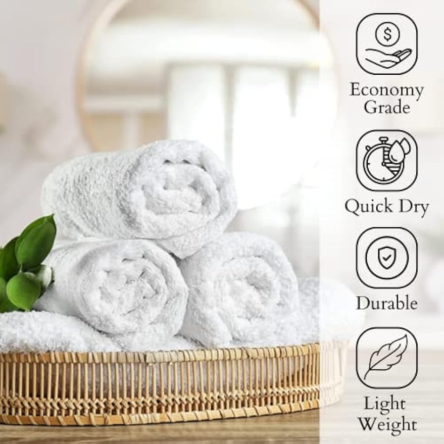 GOLD TEXTILES Bulk Pack 60 Pcs (5 Dozen) White Economy 15x25 Inches Basic Hand Towel - 2.25 lb/dz